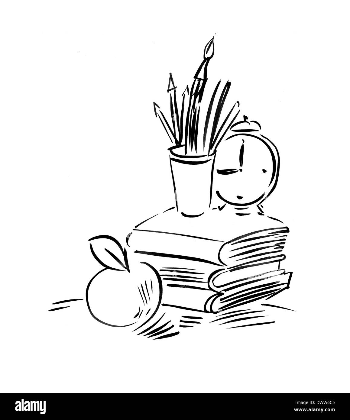 Uhr, einen Apfel, Bücher und Stifte, zurück zu Schule Hintergrund, schwarz / weiß Strichzeichnung, Isolated on white Stockfoto