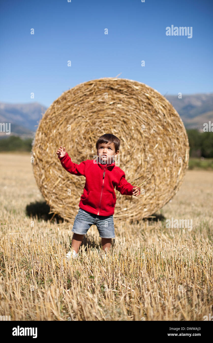 Zwei Jahre alten Jungen zu Fuß in ein Feld vor einem Strohballen Stockfoto