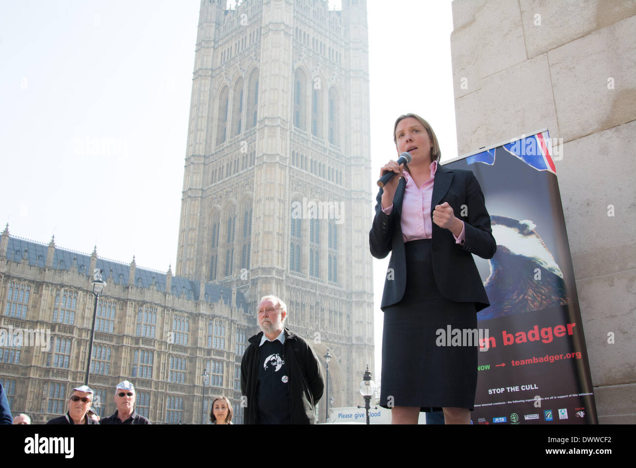 London, UK. 13. März 2014. Tory MP Tracy Crouch spricht gegen den Dachs Keulung Demonstranten außerhalb Westminster, zu sammeln, während eine parlamentarische Debatte über die umstrittene Dachs Keulung innerhalb des House Of Commons erfolgt. Dachse haben in Verbindung gebracht worden, um die Ausbreitung von bovine Tuberkulose bei Rindern und experimentelle Keulungen Dachse erfolgten im Jahr 2013 in einem Versuch, die Ausbreitung der Krankheit zu stoppen. Anti-Keulung Demonstranten haben behauptet, dass die Keulung ineffizient, unmenschlich und wissenschaftlich fehlerhaft ist. Bildnachweis: Patricia Phillips/Alamy Live-Nachrichten Stockfoto