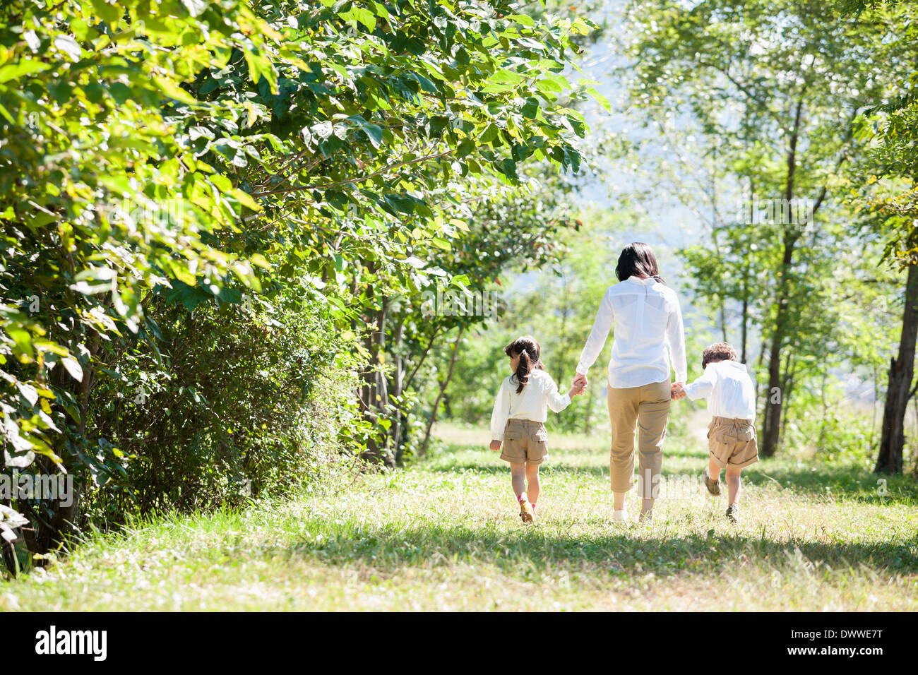 eine Mutter und Kinder mit einem Spaziergang in der Natur Stockfoto