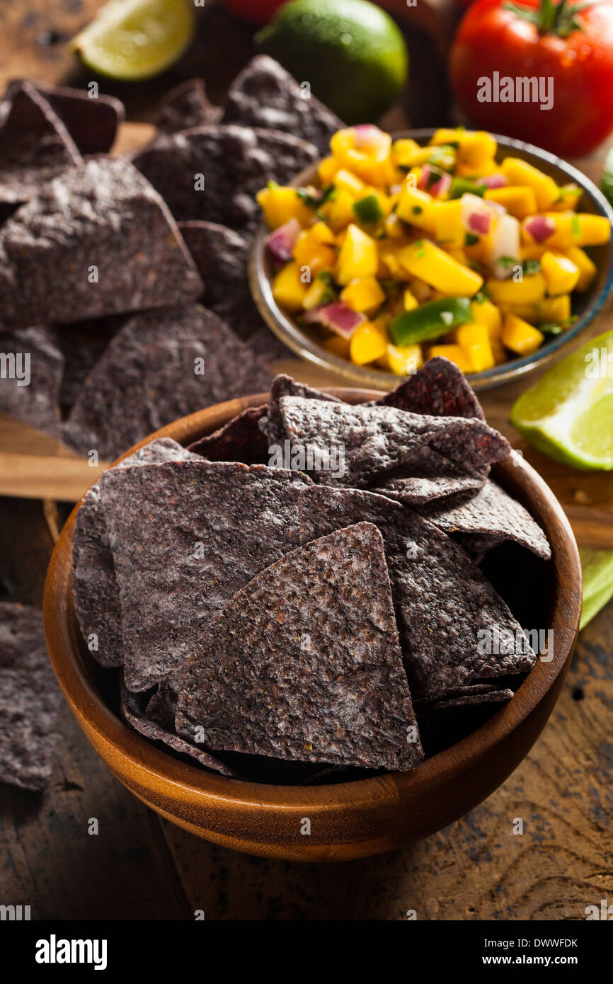 Hausgemachte Bio blau Maiskölbchen Chips auf einem Hintergrund Stockfoto