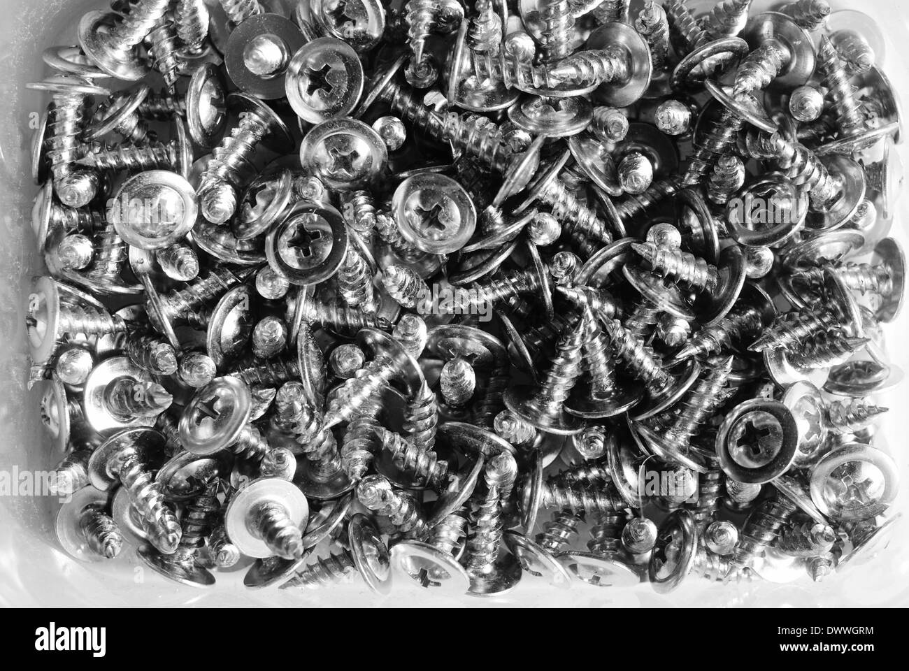 viele Schrauben Closeup in einem Plastikbehälter Stockfoto