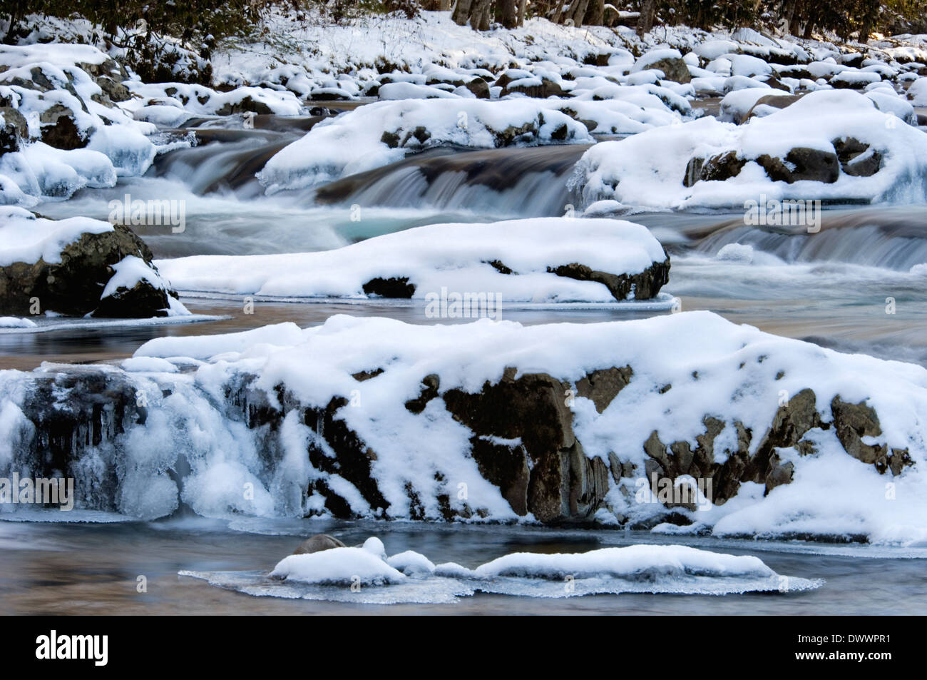 Schnee und Eis auf der Little Pigeon River im Nationalpark Great Smoky Mountains in Tennessee Stockfoto