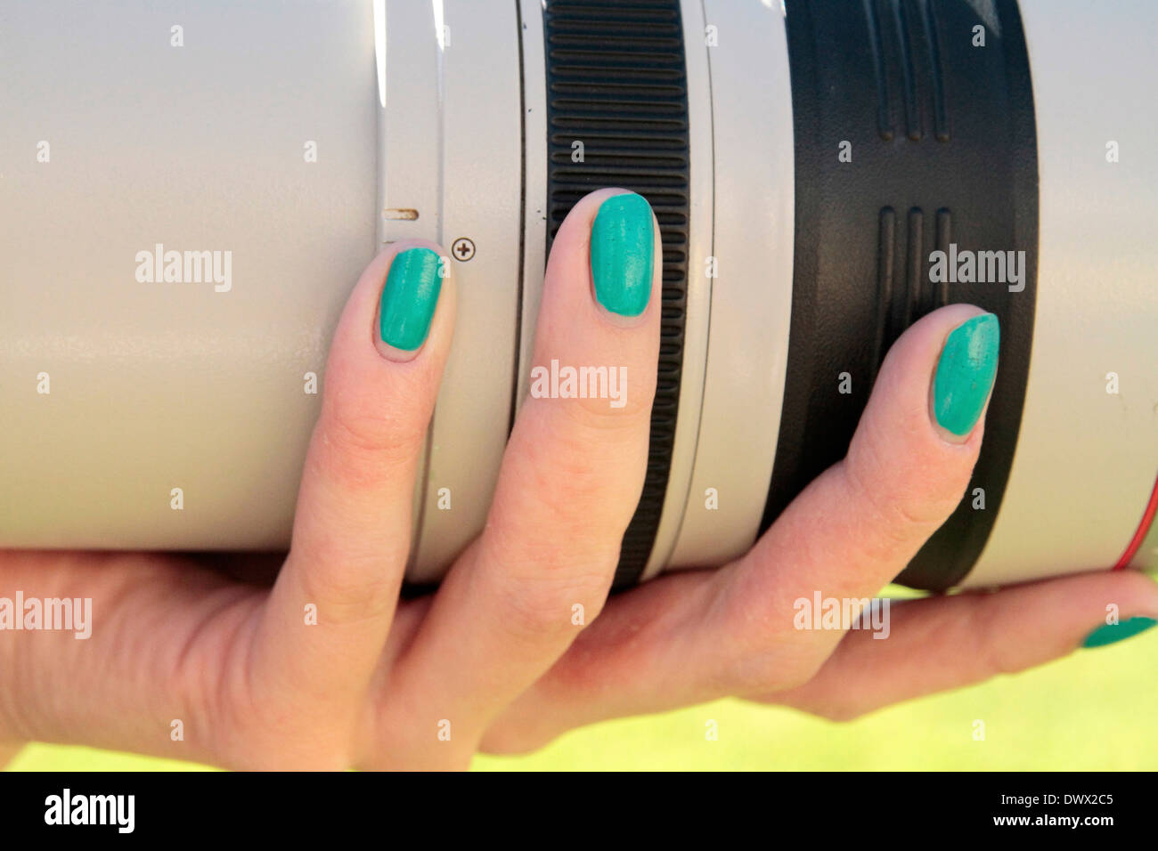 Finger mit grünen Nagellack hält eine L-Serie Objektiv Stockfoto