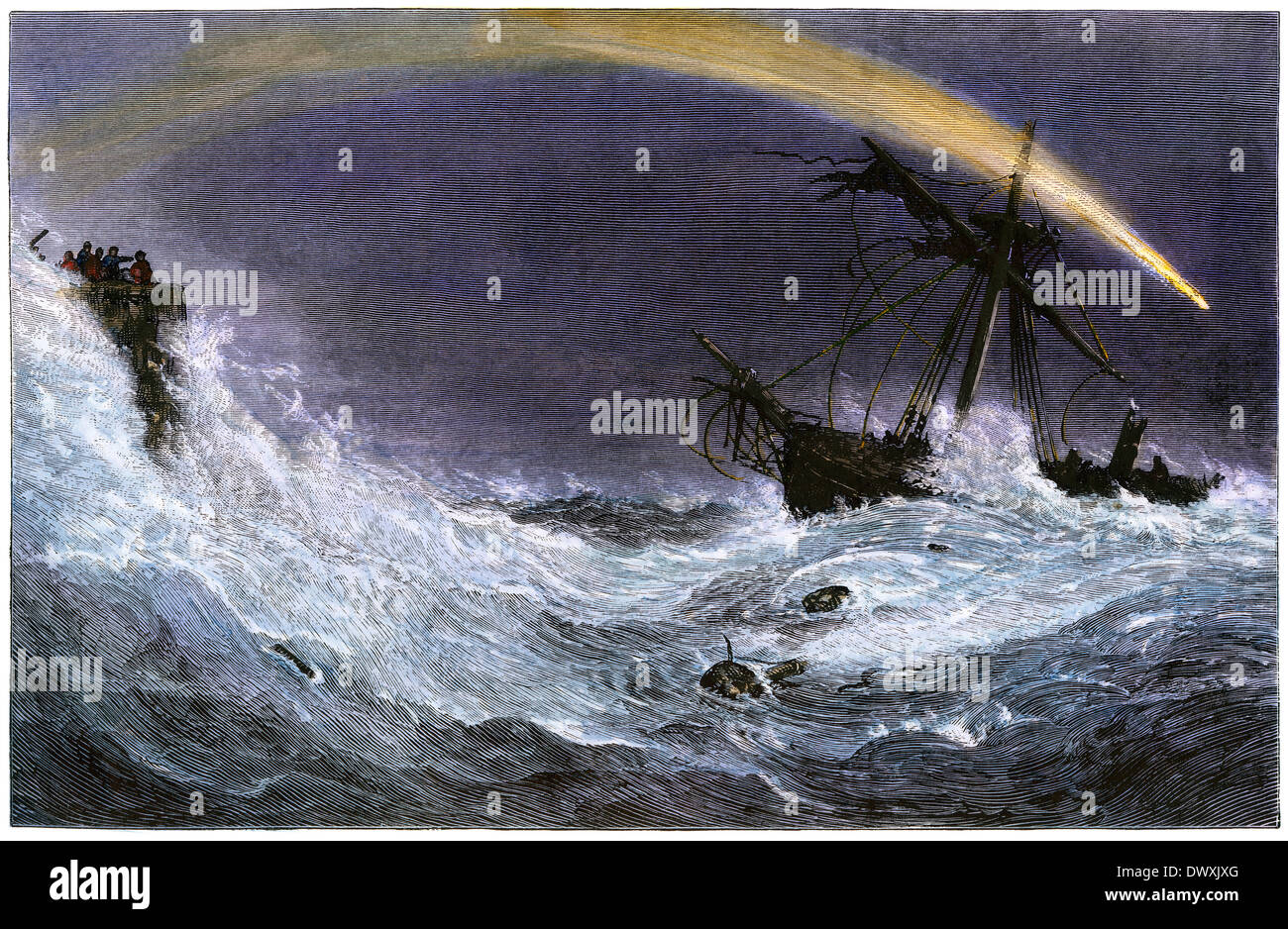 Lebensrettende station Crew senden eine Rettungsleine zu einem havarierten Schiff, 1800. Hand - farbige Holzschnitt Stockfoto