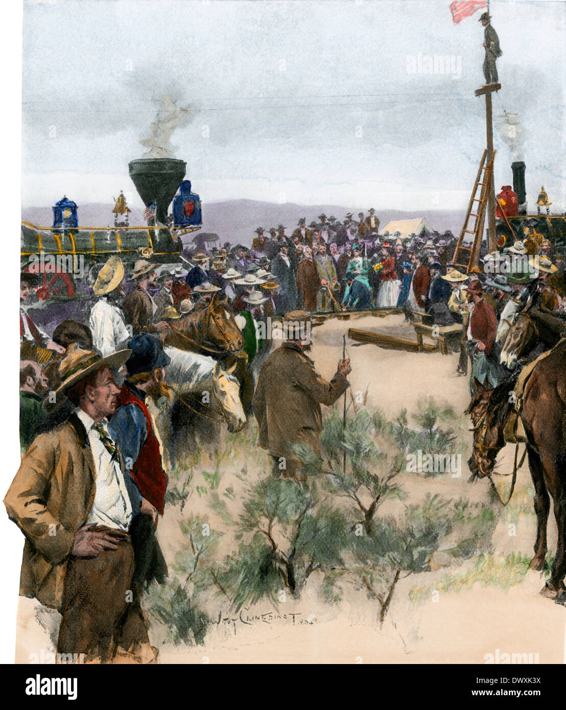 Letzte spike für die transkontinentale Eisenbahn in Utah, 1869 angetrieben. Hand - farbige Holzschnitt Stockfoto