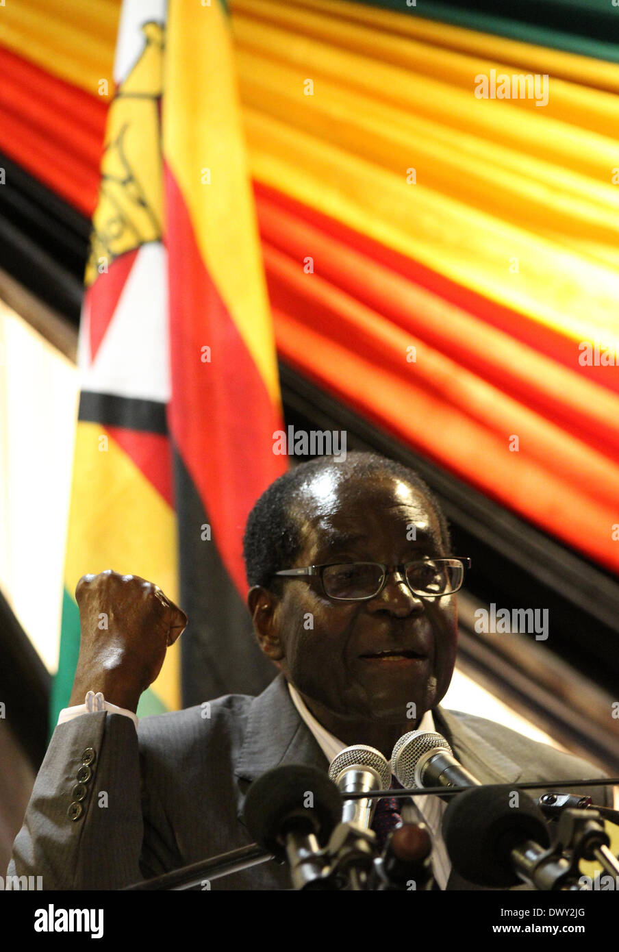 Harare, Simbabwe. 14. März 2014. Simbabwes Präsident Robert Mugabe hält eine Rede während einer Feier zu seinem 90. Geburtstag, organisiert von der Zivilgesellschaft in Harare, der Hauptstadt Simbabwes, 14. März 2014. Geboren am 21. Februar 1924, ist Mugabe im Moment der ältesten Führer von ganz Afrika. Das Büro des Präsidenten, der Regierungspartei Zanu-PF und der Zivilgesellschaft haben separat drei Geburtstagsfeiern für ihn seit Februar dieses Jahres organisiert. Bildnachweis: Xinhua/Alamy Live-Nachrichten Stockfoto