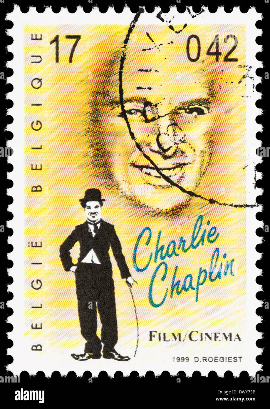 Belgien-Briefmarke mit einer Illustration von Charlie Chaplin. Stockfoto