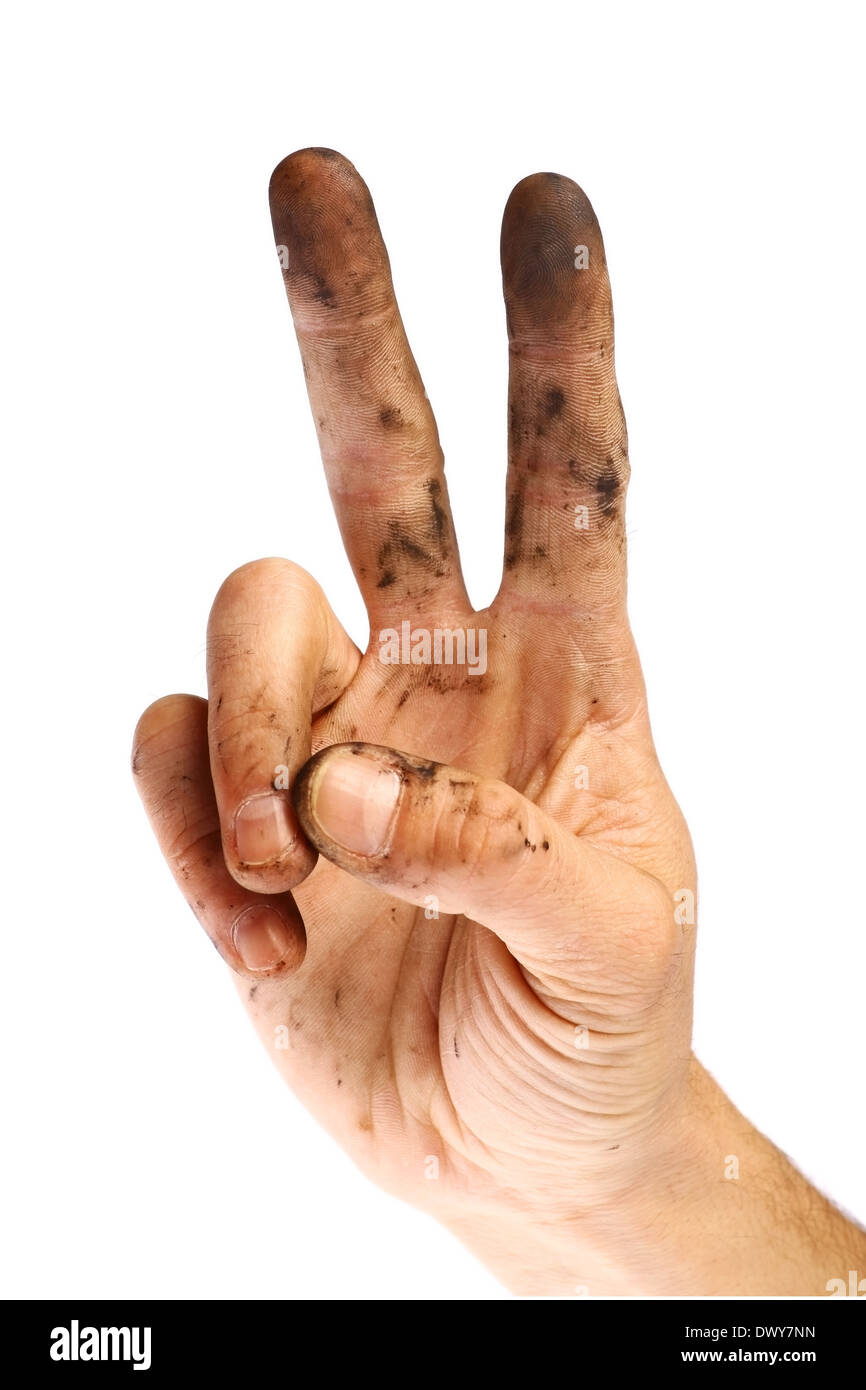 Bild einer schmutzige Hand zeigt die Victory-Zeichen Stockfoto