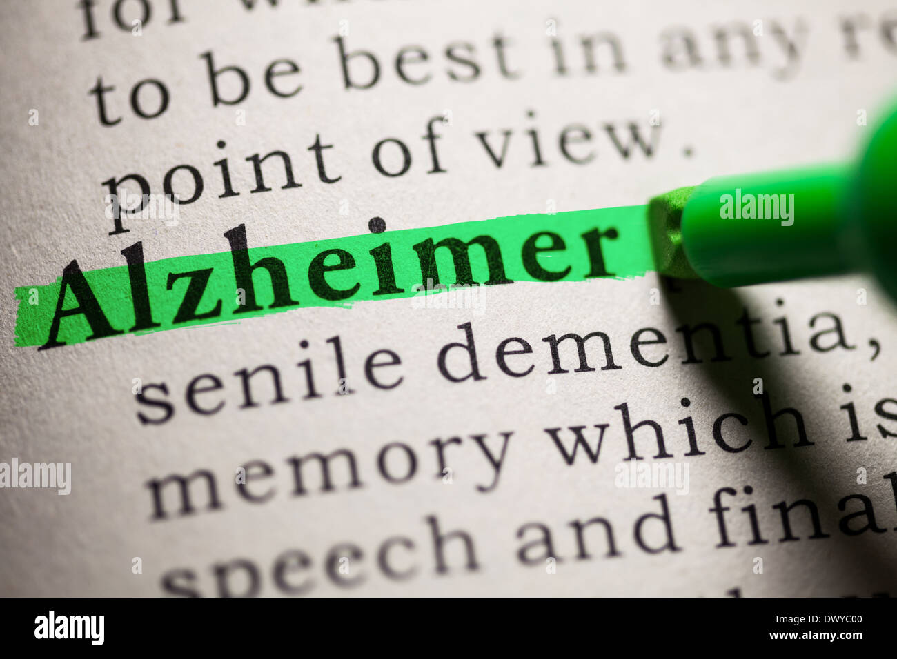 Gefälschte Wörterbuch, Definition des Wortes Alzheimer. Stockfoto