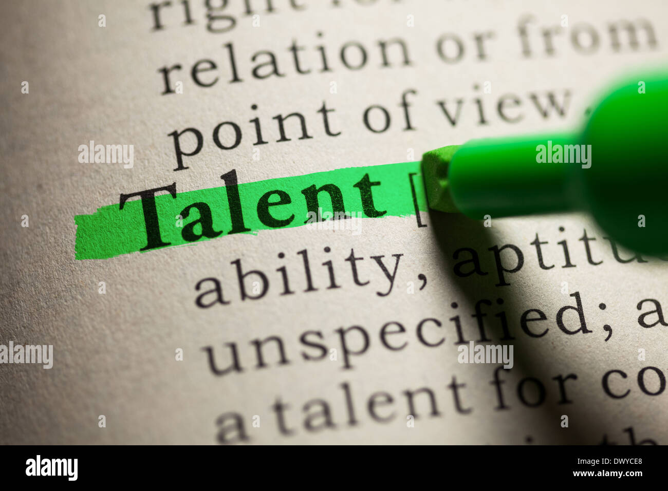 Gefälschte Wörterbuch, definiert das Wort Talent. Stockfoto