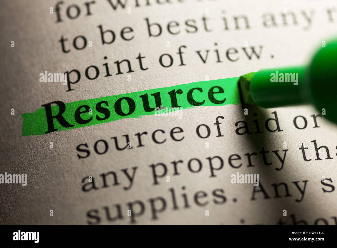 Gefälschte Wörterbuch Definition das Wort Ressource. Stockfoto