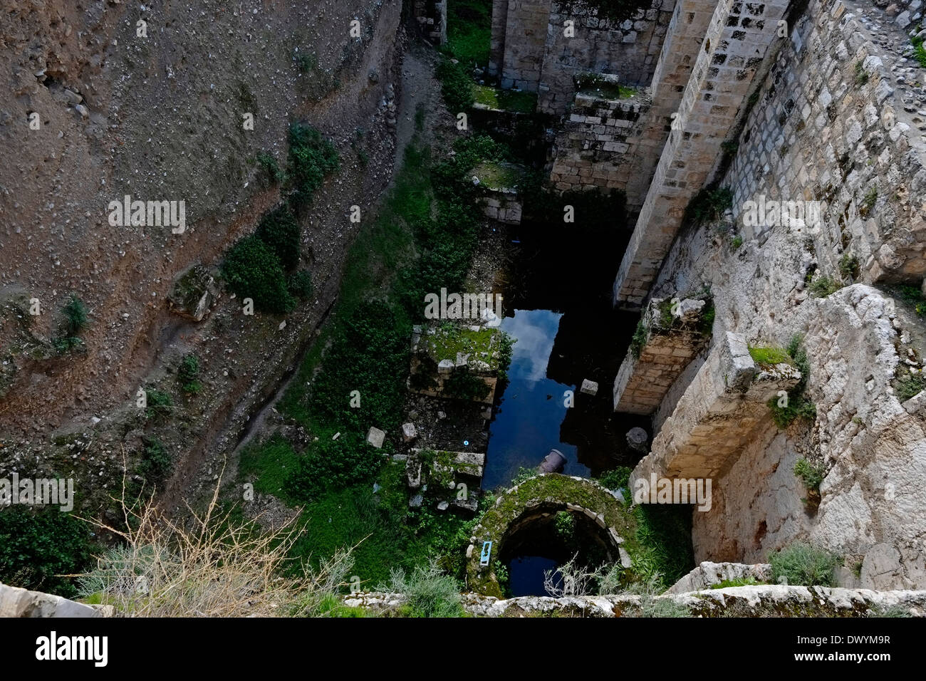 Bethesda Pool, anzeigen Support Struktur, die die byzantinische Basilika, die über die Pools an der Unterseite der Römisch-katholischen Kirche der Heiligen Anna in der Via Dolorosa im muslimischen Viertel der Altstadt Ost Jerusalem Israel ausgesetzt Stockfoto