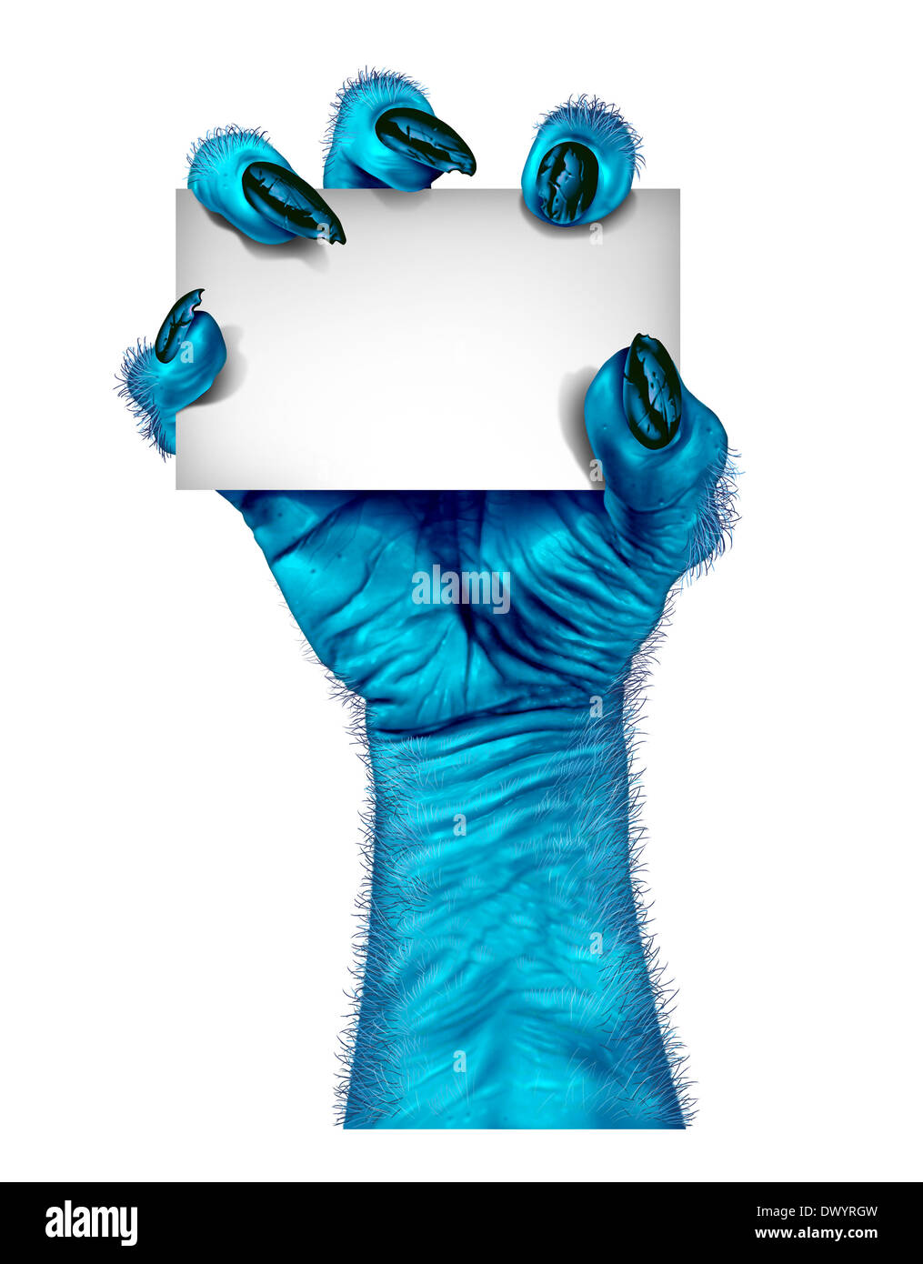 Blaues Monsterhand als ein Zombie hielt eine leere Zeichen Karte als gruselig Halloween oder unheimlich fremden Zeichen mit strukturierten kalte Haut und Stockfoto