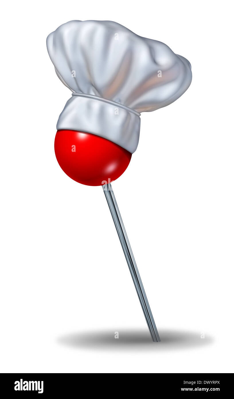 Restaurant Lage und Auswahl Restaurants-Konzept als einen roten Pin einen Koch Hut als Metapher für die Suche nach das beste Essen legen Sie über das Internet auf einem weißen Hintergrund. Stockfoto