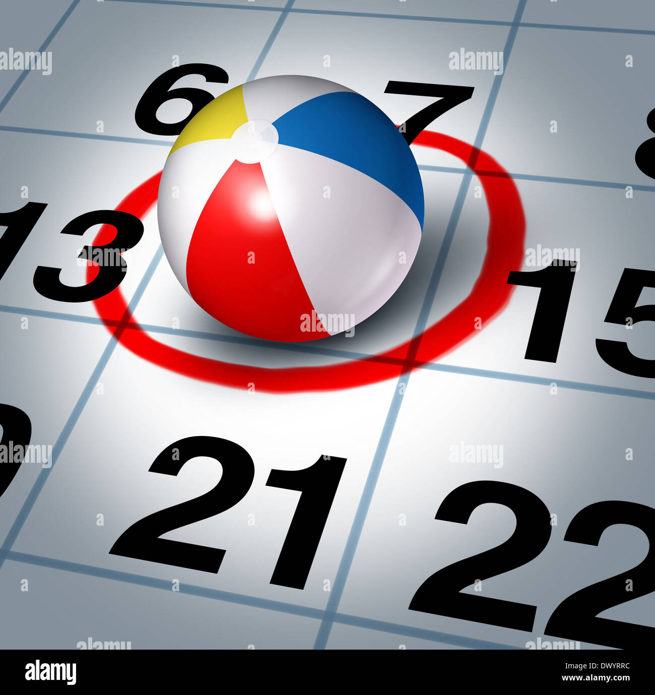 Urlaubsplanung und planen Ihre Reise mit einem Wasserball auf einen Kalender mit einem roten Highlight Kreis als Symbol für Spaß Zeit Erholung Pause Plan. Stockfoto