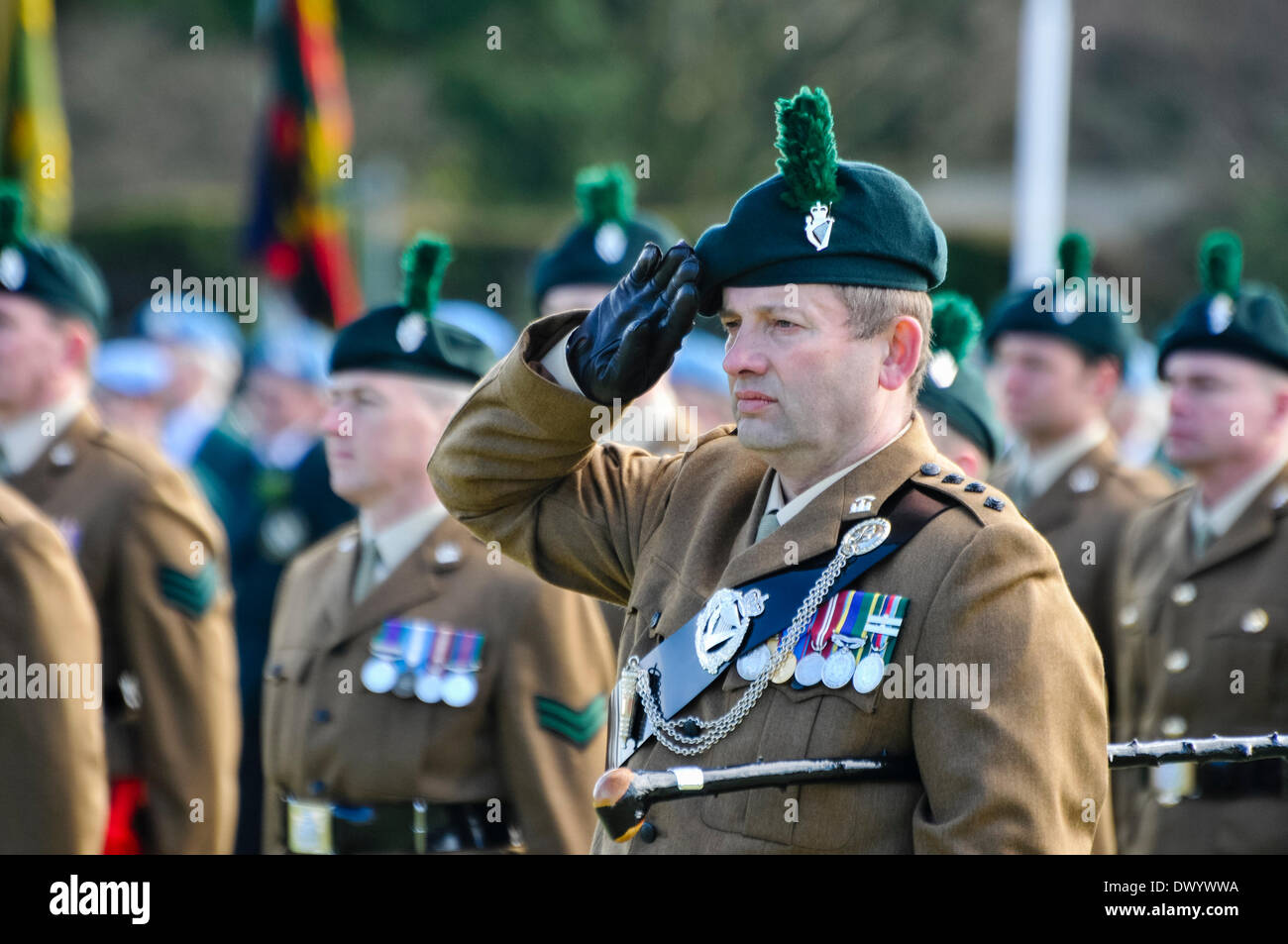 Lisburn, Nordirland. 15. März 2014 - Armee Kapitän grüßt im Shamrock Präsentation und Trommelfell Service in Thiepval-Kaserne. Bildnachweis: Stephen Barnes/Alamy Live-Nachrichten Stockfoto