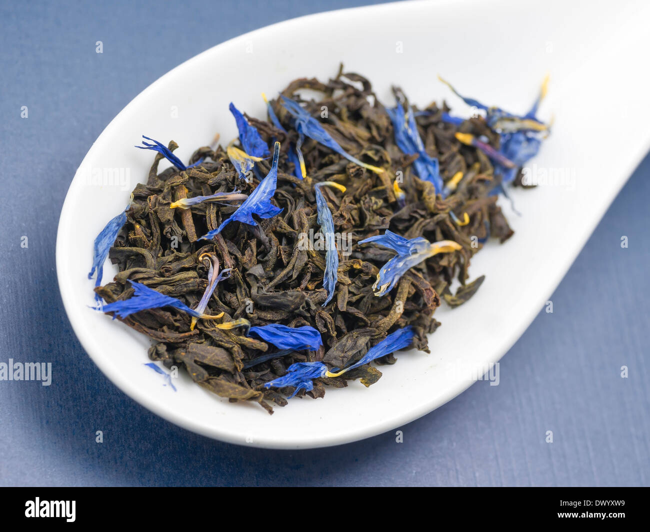 Earl Grey Tee hinterlässt blaue Kornblume Blütenblätter. Stockfoto