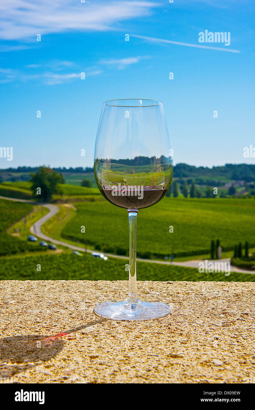 Ein Glas Rotwein und Weinberg Stockfoto