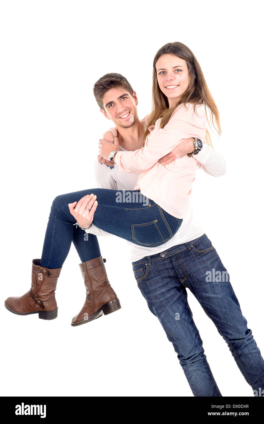 Junger Mann mit Freundin isoliert in weiß Stockfoto