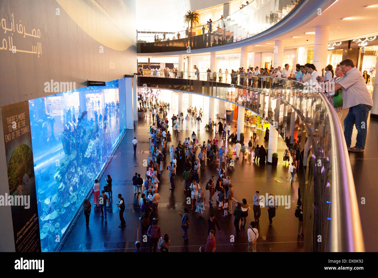Menschen auf der Suche im Aquarium in der Dubai Mall, Dubai UAE, Vereinigte Arabische Emirate Stockfoto