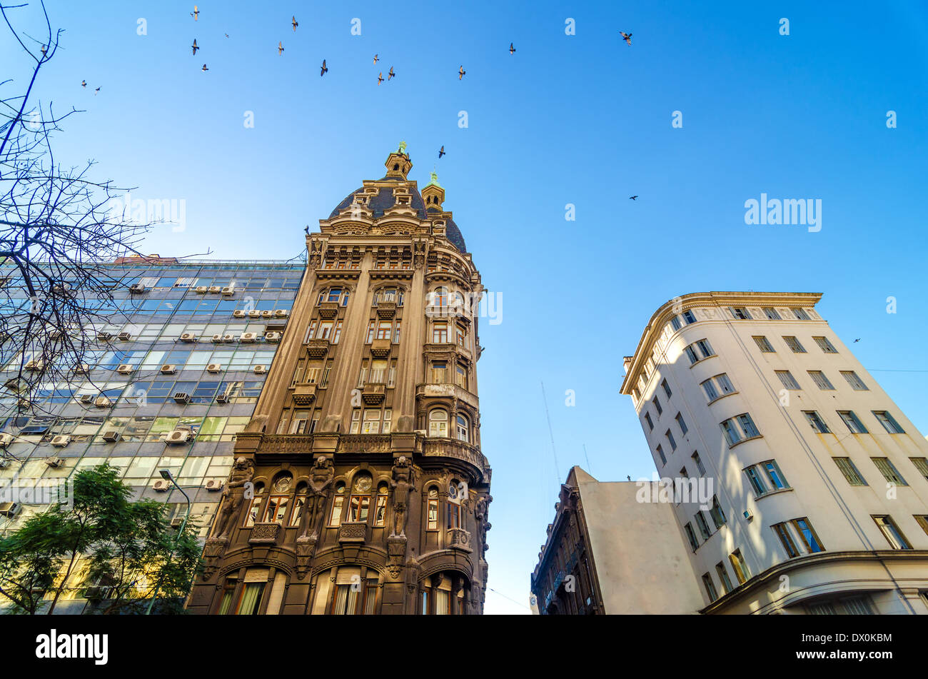 Alte historische Wohnhaus in San Telmo Viertel von Buenos Aires, Argentinien mit Vögel fliegen über Stockfoto