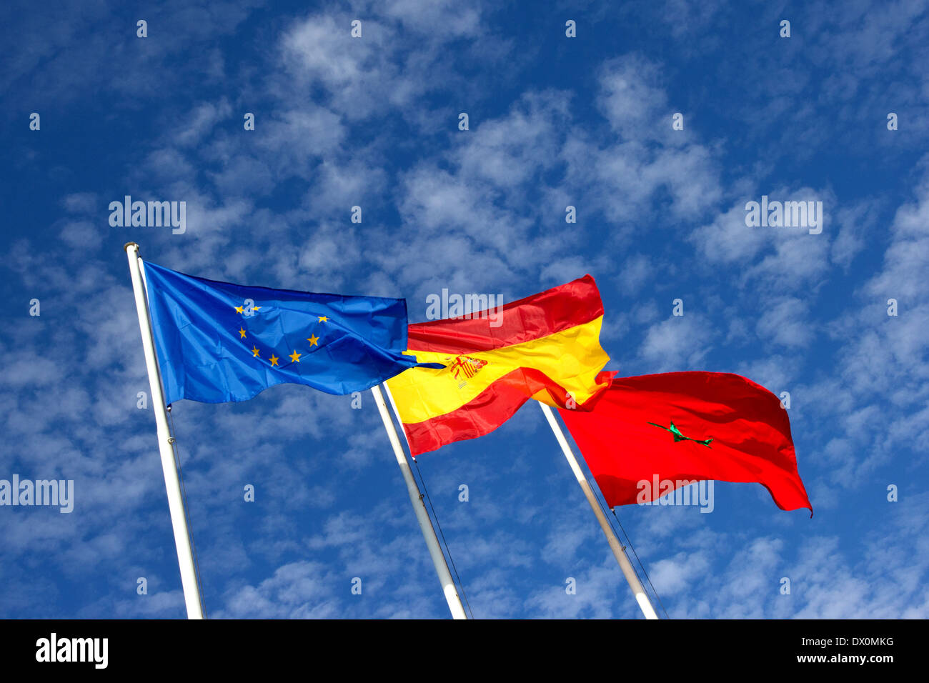 Flaggen der Europäischen Union, Spanien und Marokko Stockfoto