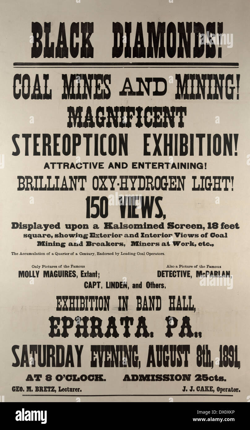 Schwarze Diamanten - Werbung für Kohle-Bergbau-Ausstellung in Ephrata, Pennsylvania, 1891 Stockfoto