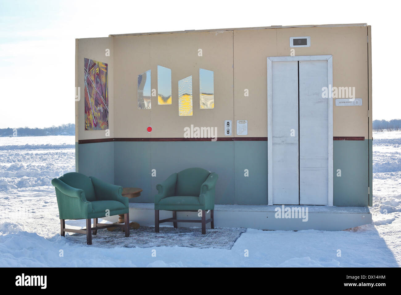 Der Aufzug Shanty bei Shanty Kunstprojekte auf White Bear Lake, Minnesota. Stockfoto