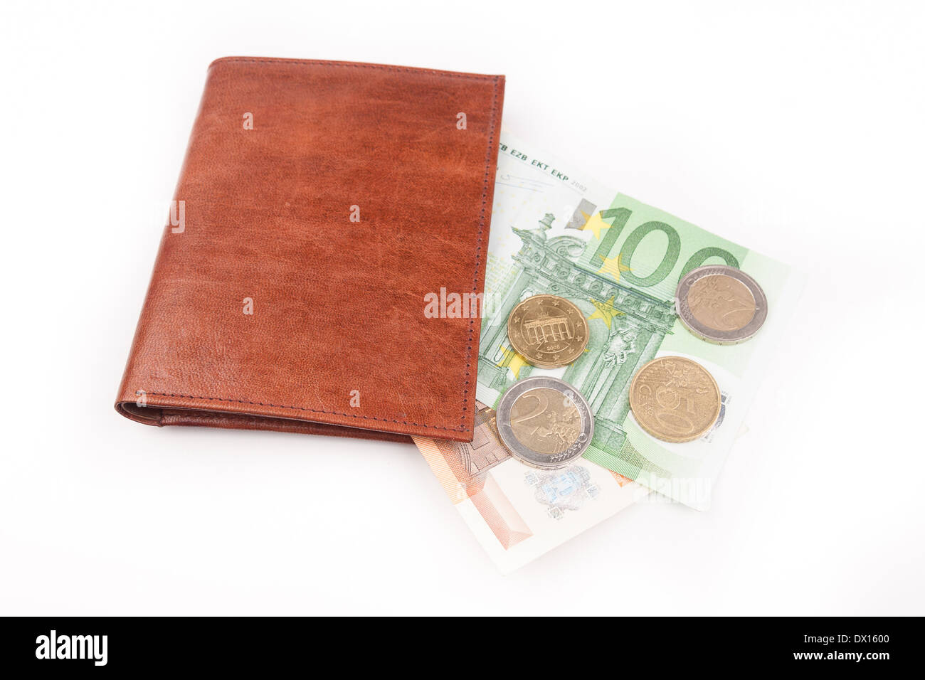 Braune Geldbörse mit EU-Geldern Stockfoto