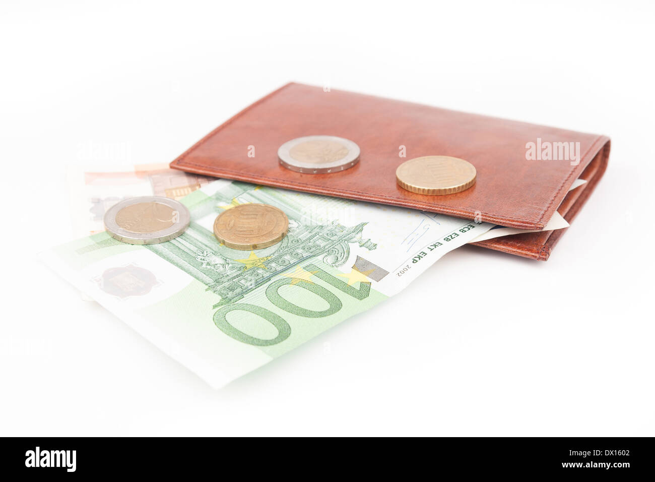 Braune Geldbörse mit EU-Geldern Stockfoto