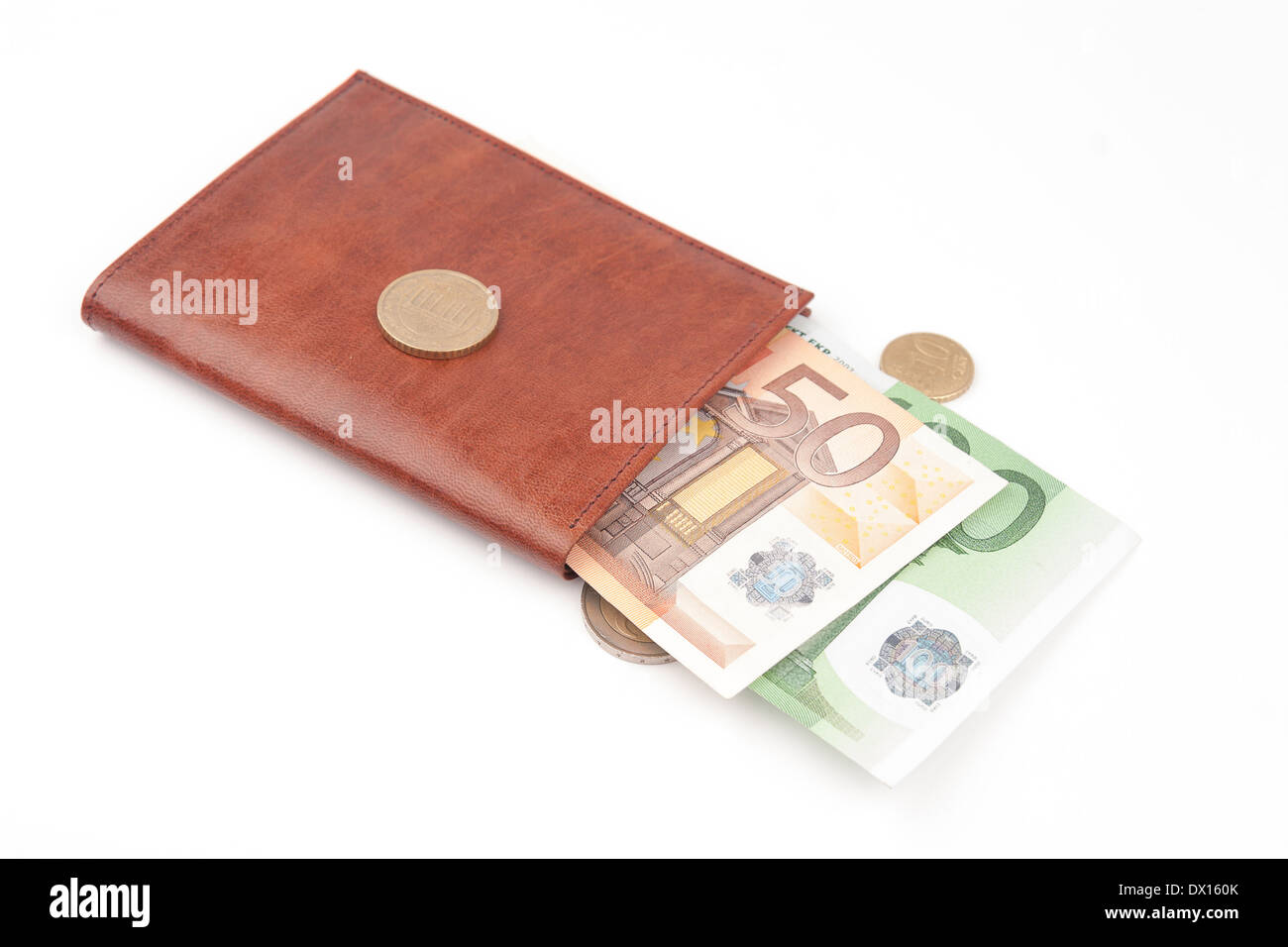 Braune Geldbörse mit EU-Geldern Stockfoto