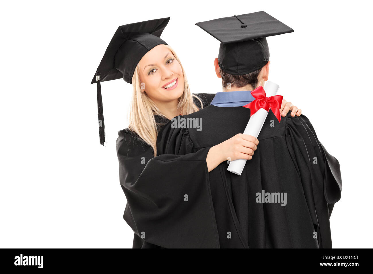 Zwei Freunde gratulieren einander Graduierung Stockfoto