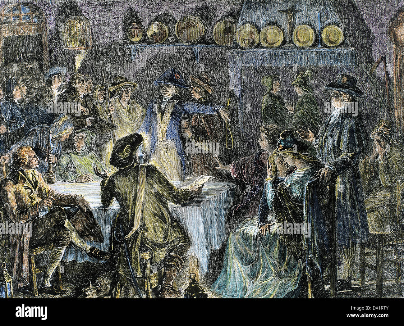 Französische Revolution (1789-1799). Festnahme von König Louis XVI. (1754-1793) und seiner Familie in Varennes, 21. Juni 1791. Farbige Gravur Stockfoto