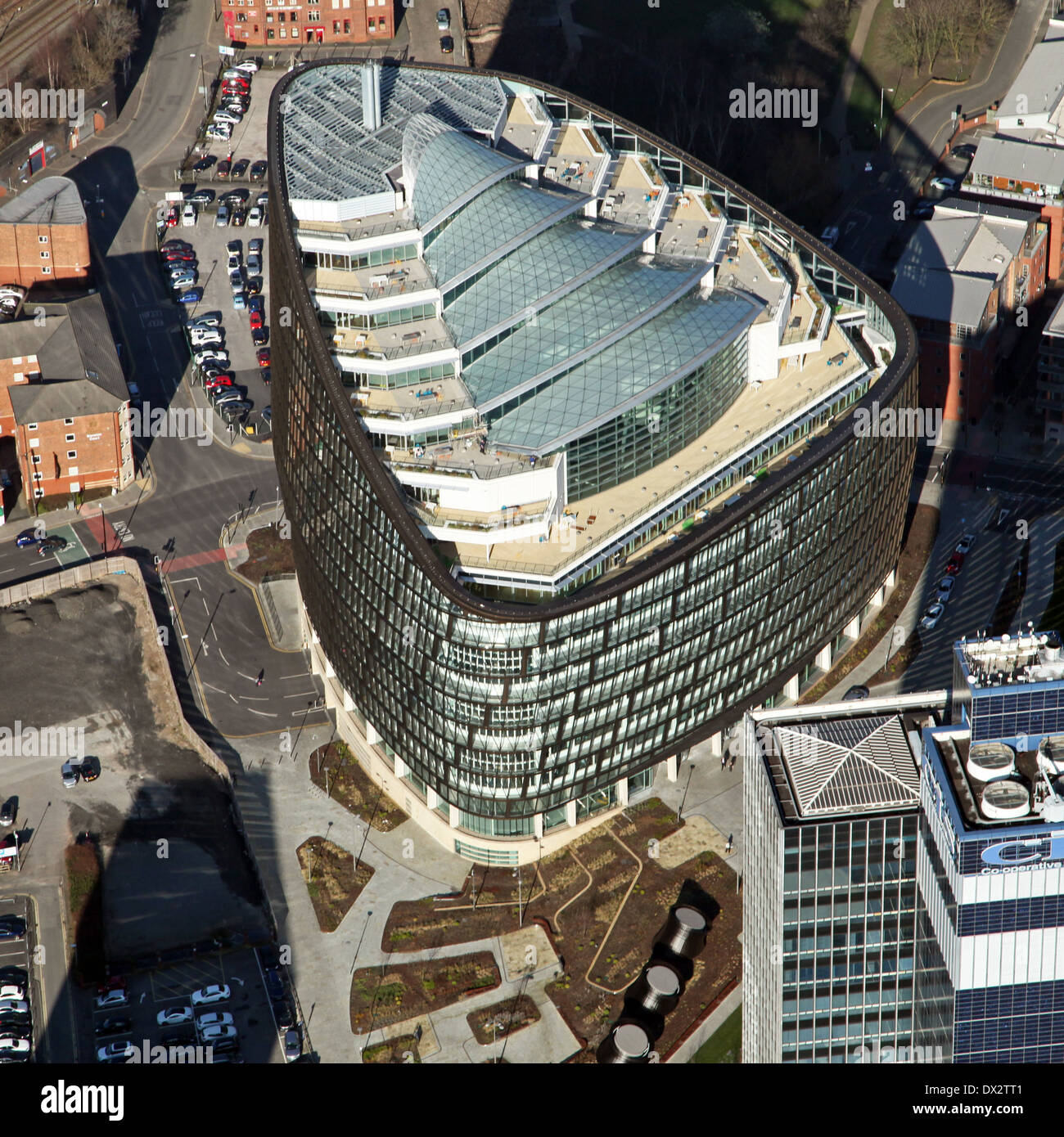 Luftaufnahme des One Angel Square, Manchester - Hauptquartier der GUS Cooperative Group, Co-op-HQ Stockfoto