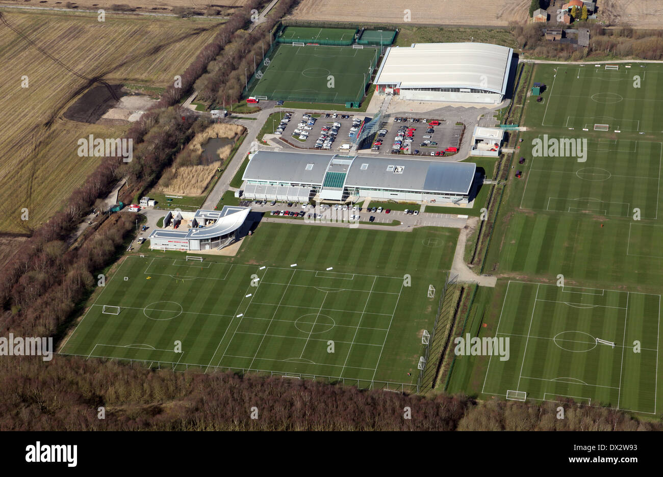 Luftaufnahme von Manchester United Fußball Trainingsplatz in Carrington, Manchester Stockfoto