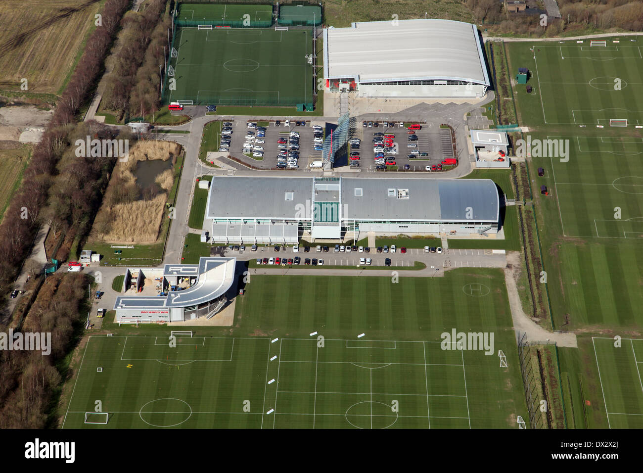 Luftaufnahme von Manchester United Fußball Trainingsplatz in Carrington, Manchester Stockfoto