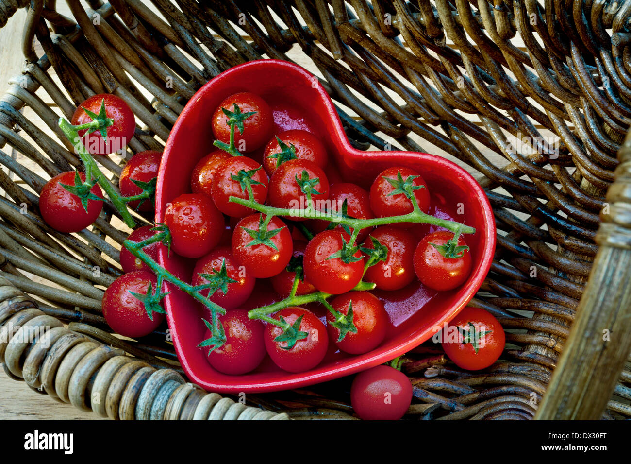 Rebe reife Tomaten in einer roten herzförmigen Gericht sitzen in einem traditionellen Weidenkorb. Gesunde Bio frische Ernährung Regime. Stockfoto