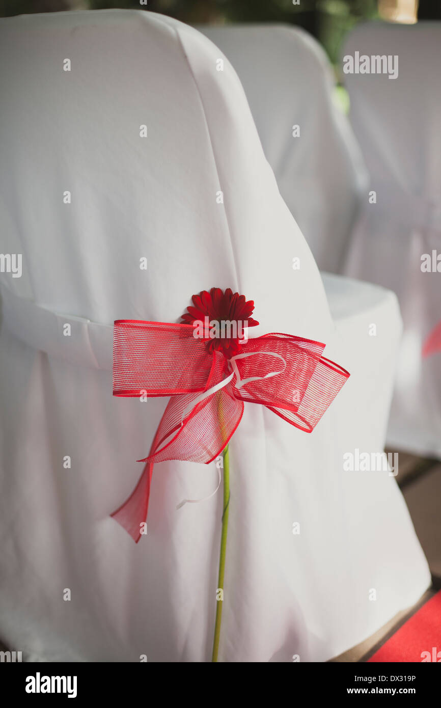 Rote Blume auf einen weißen Stuhl Stockfoto