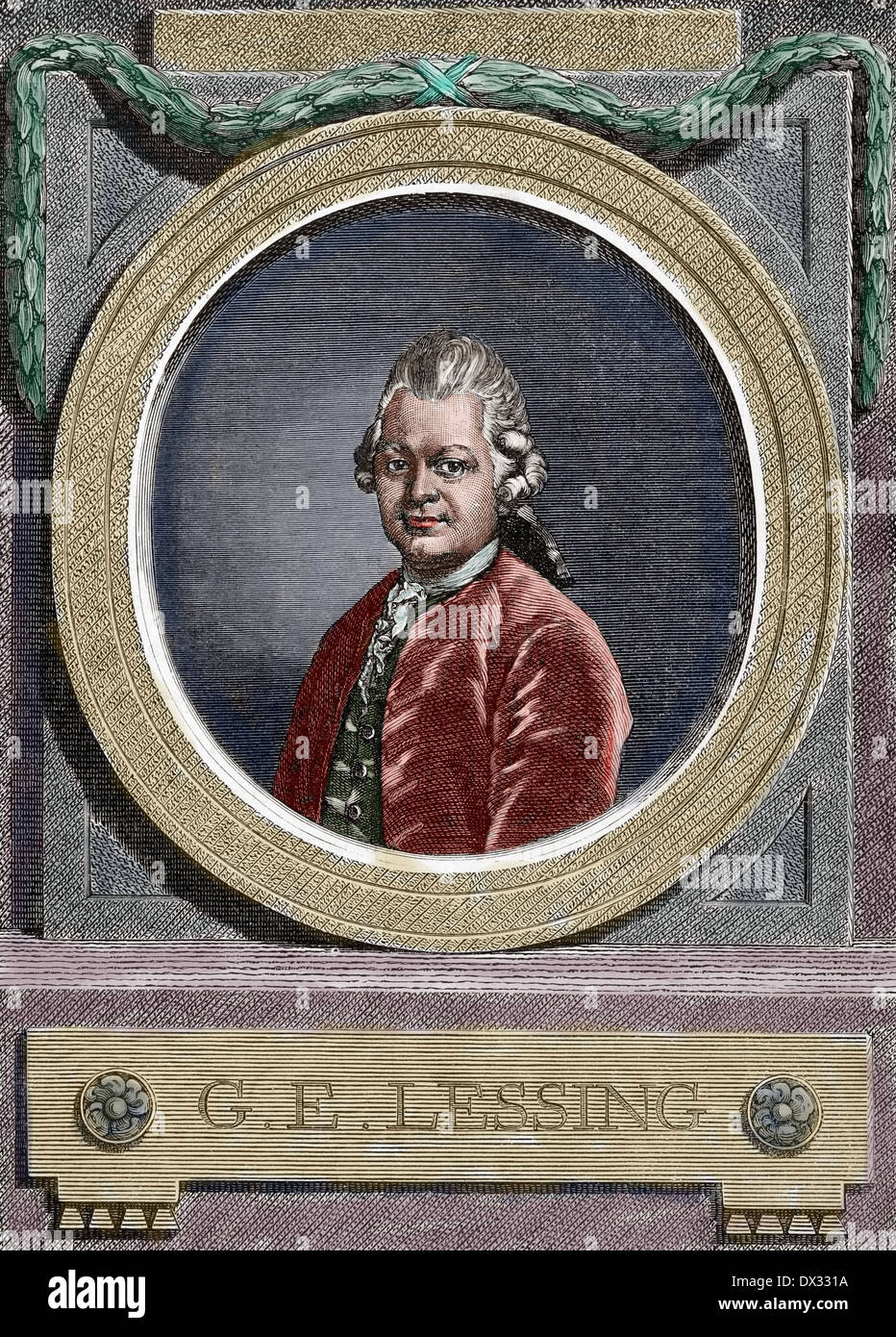 Gotthold Ephraim Lessing (1729-1781). Deutscher Schriftsteller. Porträt. Gravur. Farbige. Stockfoto