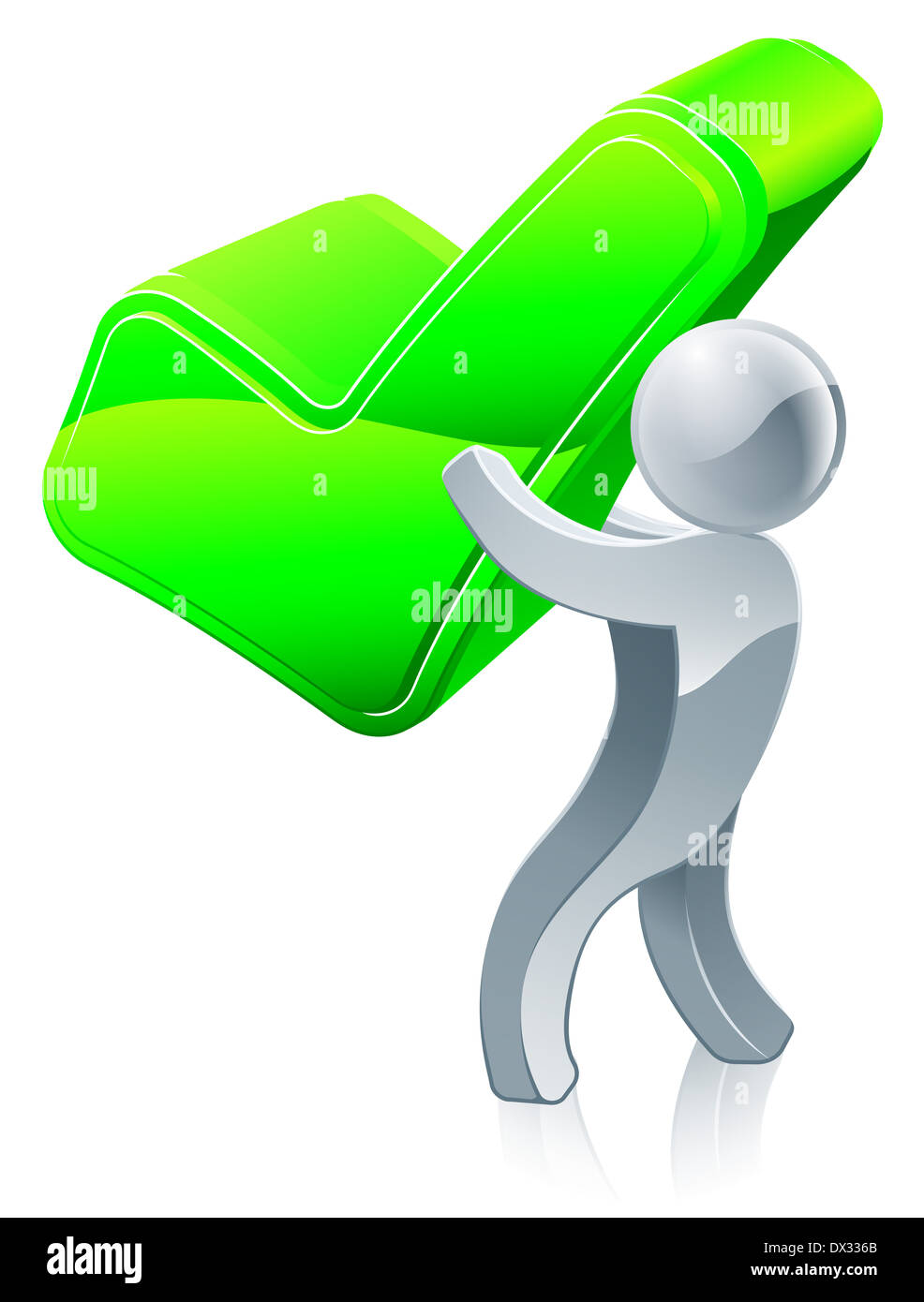 Tick Maskottchen Person Abbildung einer silbernen Maskottchen Figur hält eine großes grünes Häkchen-Symbol Stockfoto