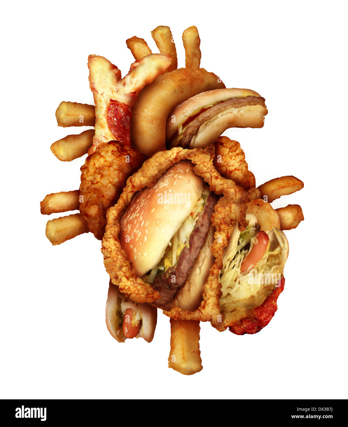 Gefährliche Herz Ernährung und ungesunde Lebensmittel Konzept mit Herz-Kreislauf-Anatomie Orgel gemacht von ungesund und gebratene Fastfood Stockfoto