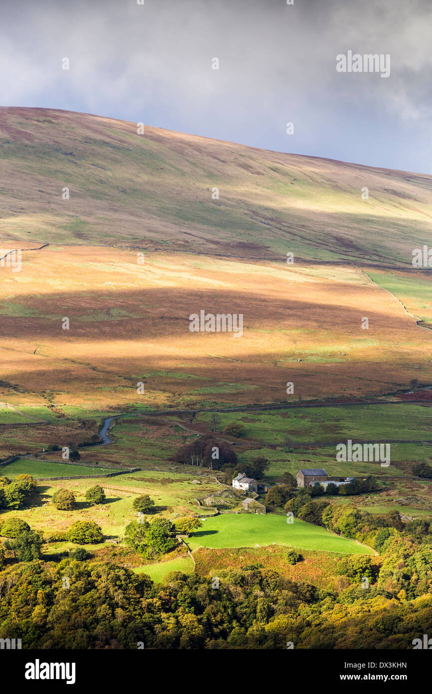 Weißen Bauernhaus und Sonnenlicht auf Hesk fiel, Cumbria. Stockfoto