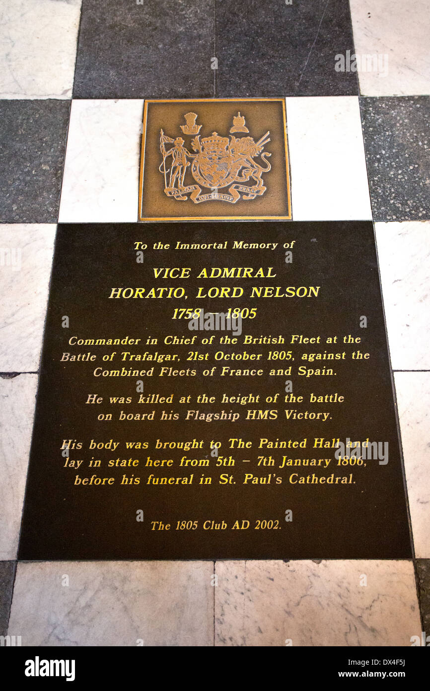Tha malte Hall in Greenwich. Die Pest-Markierungen, wo Admiral Nelson im Zustand vor seiner Beisetzung in St. Pauls Cathedral lag. Stockfoto