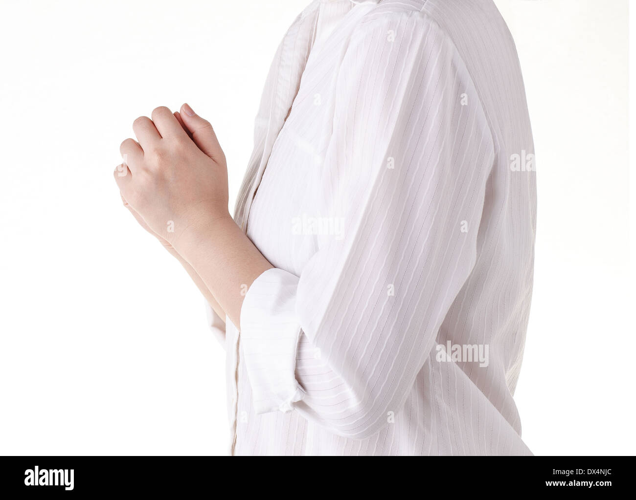 Frau beten isolierten auf weißen Hintergrund Stockfoto