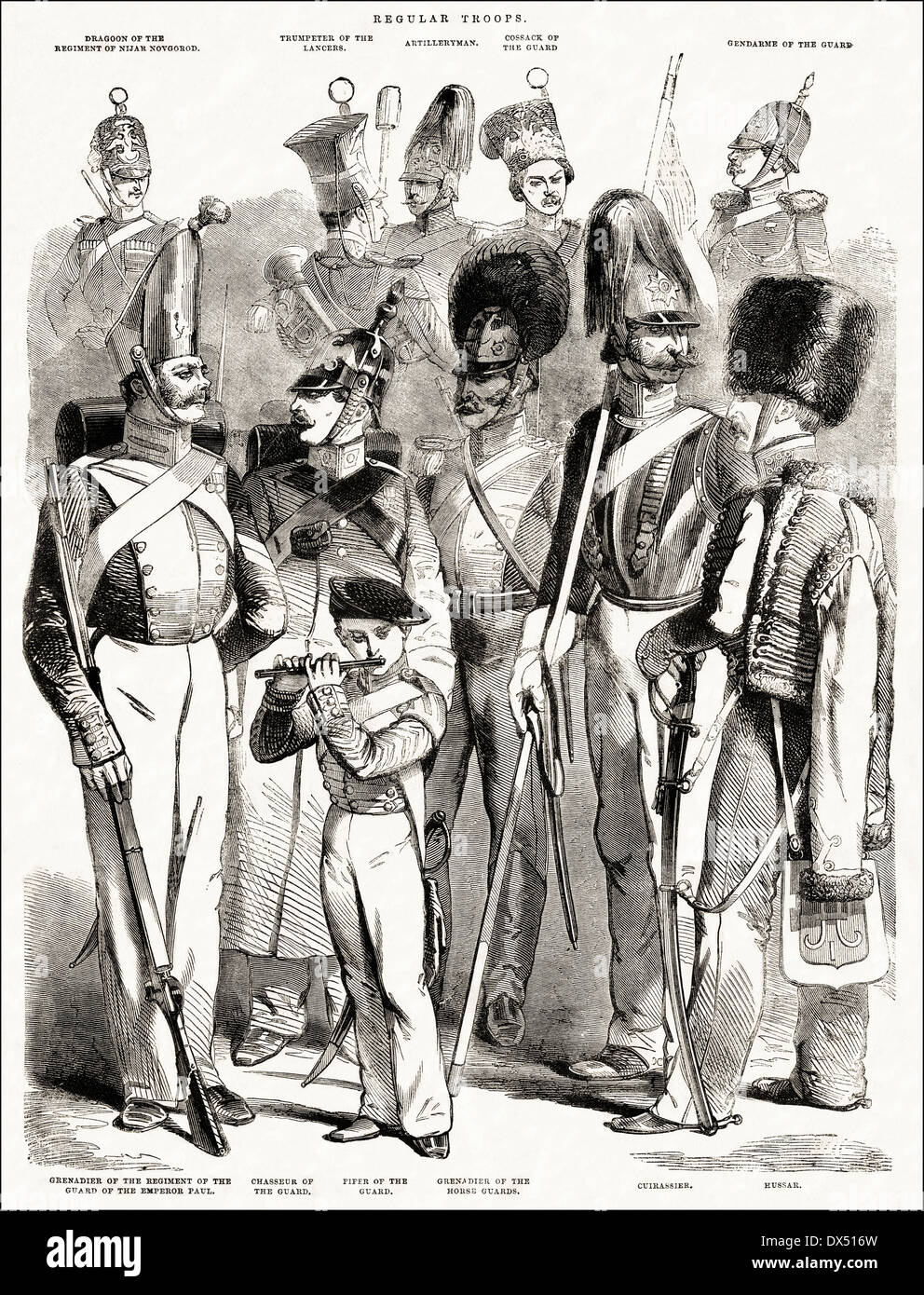 Russischen regulären Truppen, die während des Krimkrieges 1853 Okt - Feb 1856 kämpfte. Viktorianische Gravur ca. 1854. Stockfoto