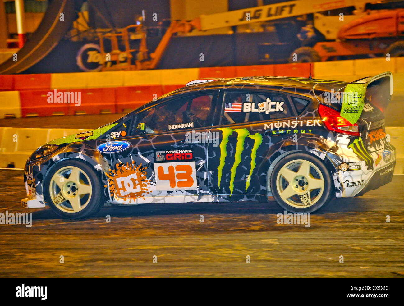 Rallye-Fahrer Ken Block führt eine Routine in seiner Monster World Rally Team Ford Fiesta Top Gear Live Show statt an der Birmingham NEC Birmingham, England - 25.10.12 wo: Birmingham, Vereinigtes Königreich bei: 25. Oktober 2012 Stockfoto