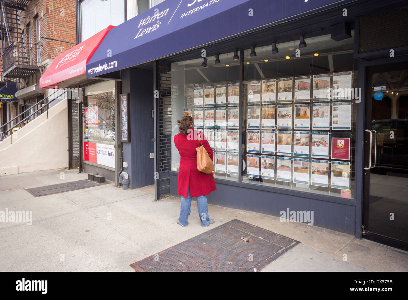 Frau durchsucht Broker Angebote in der familienfreundlichen, trendige Park Slope Nachbarschaft in Brooklyn in New York Stockfoto