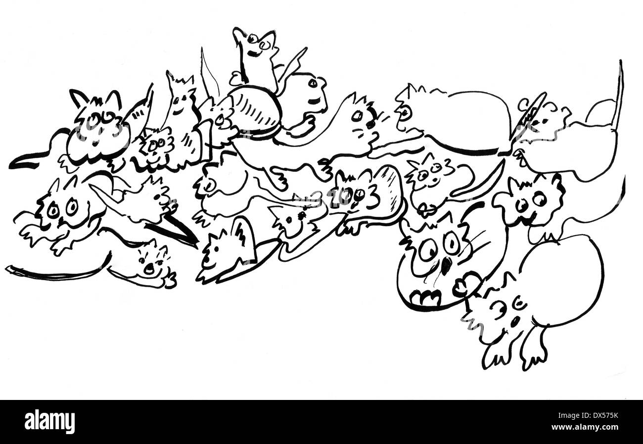 Marker Illustration einer Clowder Katzen auf Sonntag, 16. März 2014. (© Frances M. Roberts) Stockfoto