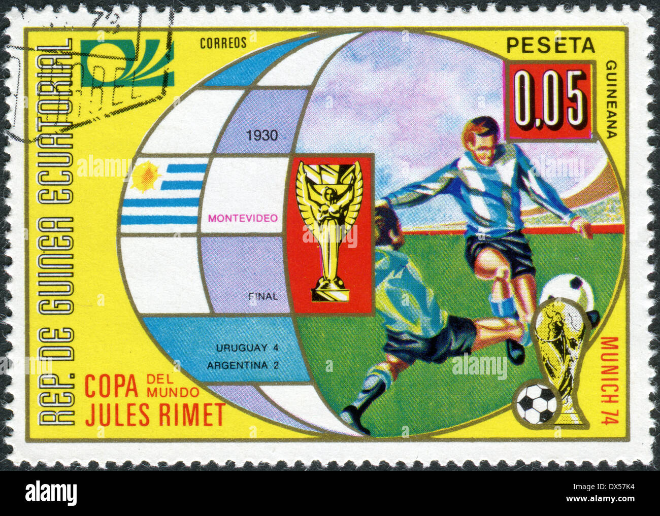 Briefmarke gedruckt in Äquatorial-Guinea, widmet sich der Football World Cup 1974, Deutschland, zeigt die endgültige 1930 Montevideo Stockfoto